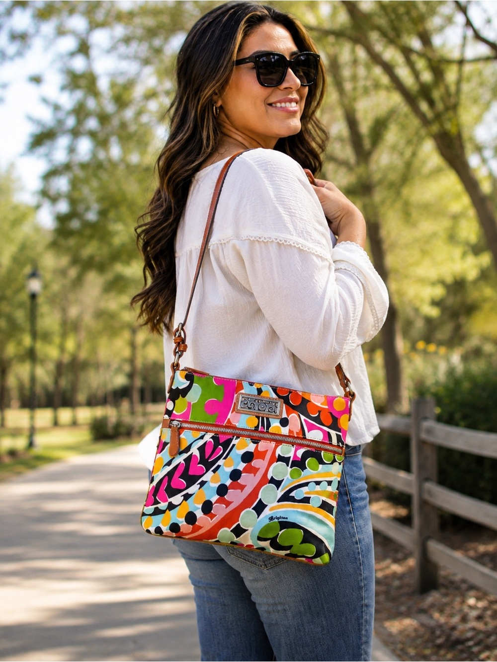Brighton Crossbody Messenger Bag Colorful Abstract Print Leather Trim E988872